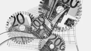 Interlocking metal gears layered over euro banknotes with abstract grid background