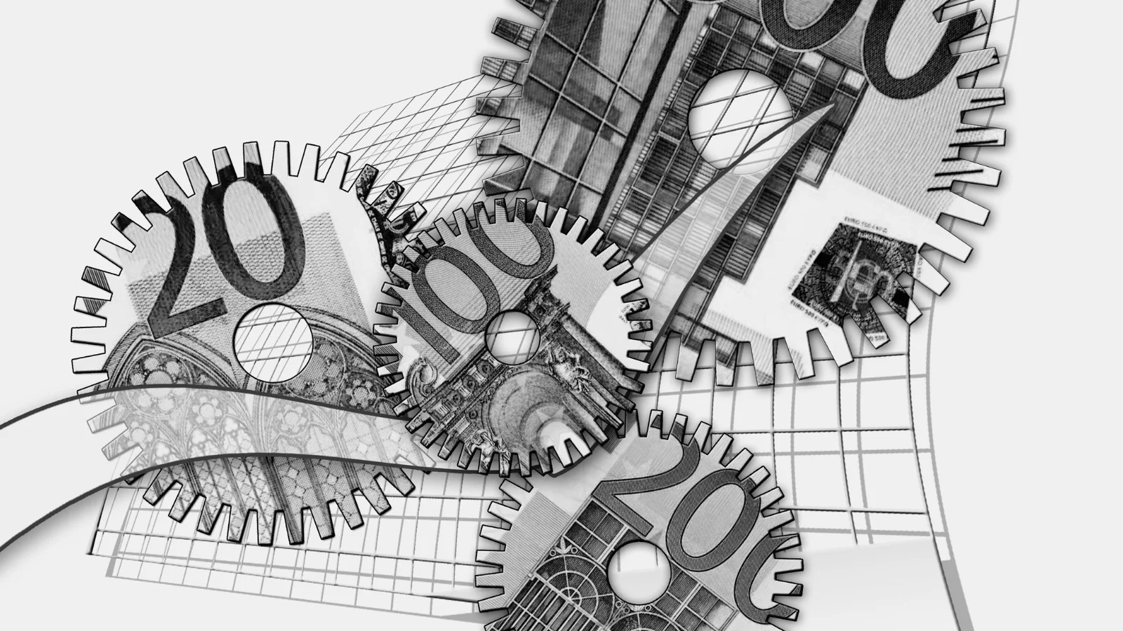 Interlocking metal gears layered over euro banknotes with abstract grid background