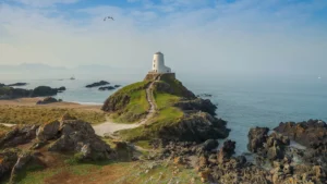 Coastal lighthouse on grassy cliff overlooking ocean with sailboats in distance