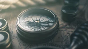 Close-up of vintage compass resting on old map with travel accessories