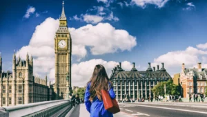 Woman walking across Westminster Bridge toward Big Ben in London