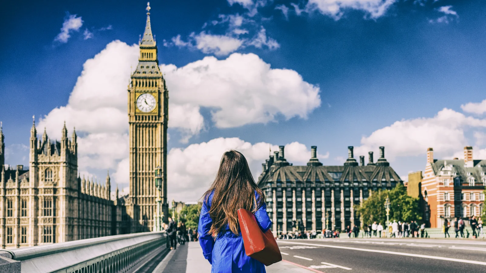 Woman walking across Westminster Bridge toward Big Ben in London