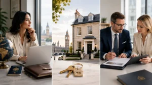 Woman with passport and laptop, luxury house, and advisors reviewing paperwork in bright office.