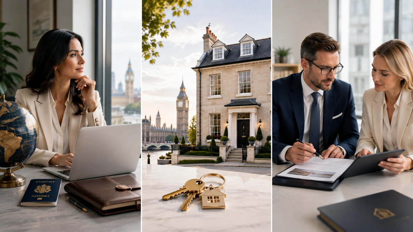 Woman with passport and laptop, luxury house, and advisors reviewing paperwork in bright office.