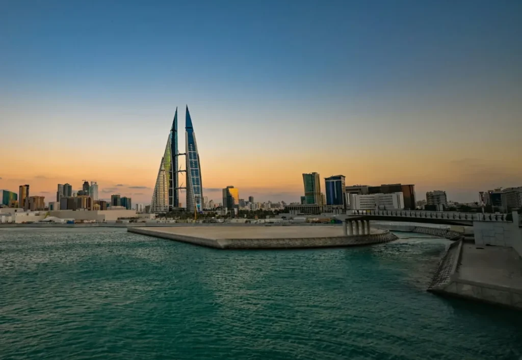 Bahrain waterfront skyline at dusk