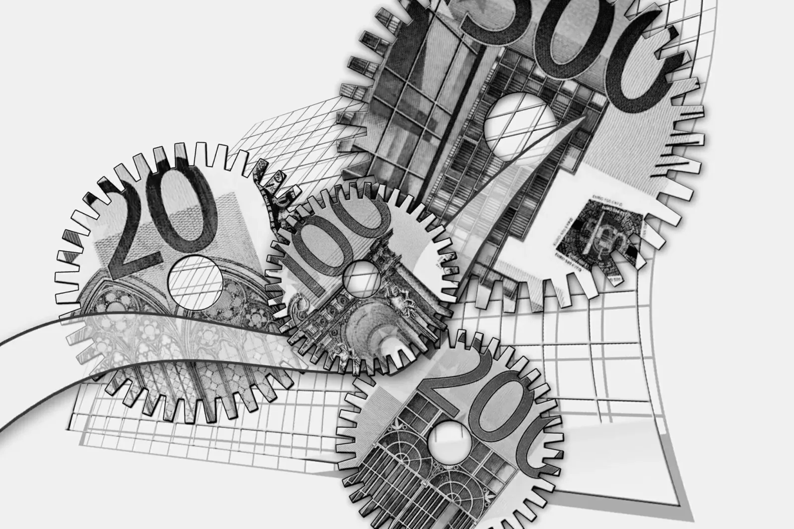 Illustration of interlocking gears made from euro banknotes representing finance