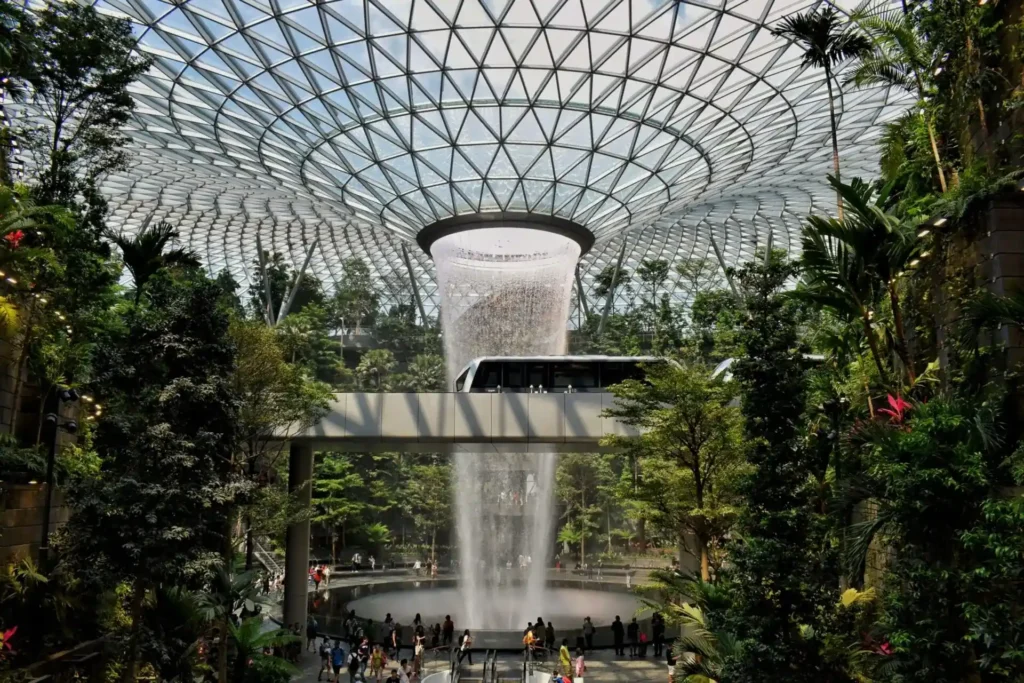 Indoor waterfall and greenery at Jewel Changi Airport, Singapore