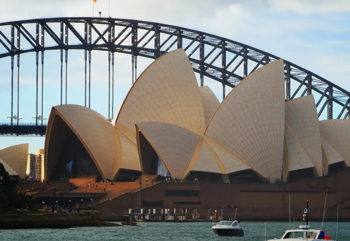 Sydney Opera House and Harbour Bridge seen across the water on a clear day