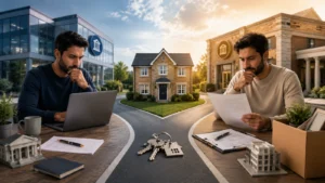 House centered between two bank buildings as different borrowers review documents on each side.