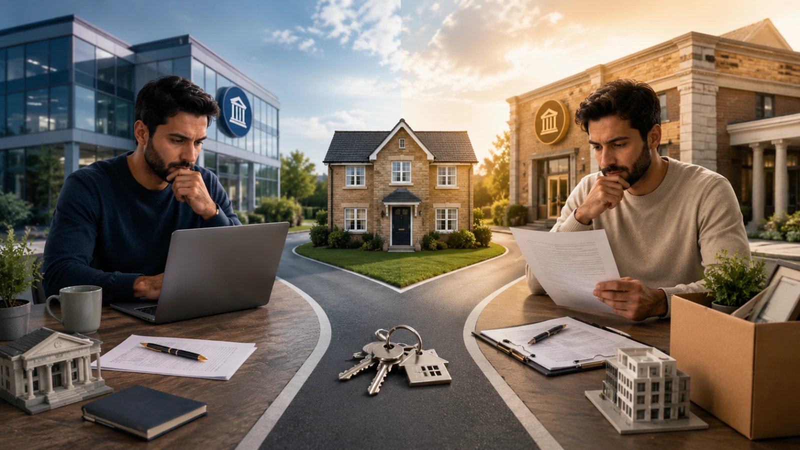 House centered between two bank buildings as different borrowers review documents on each side.