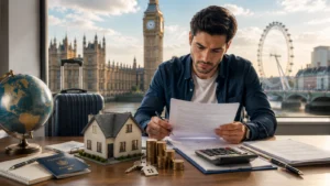 Man reviewing documents beside model house, Big Ben and London Eye visible through window