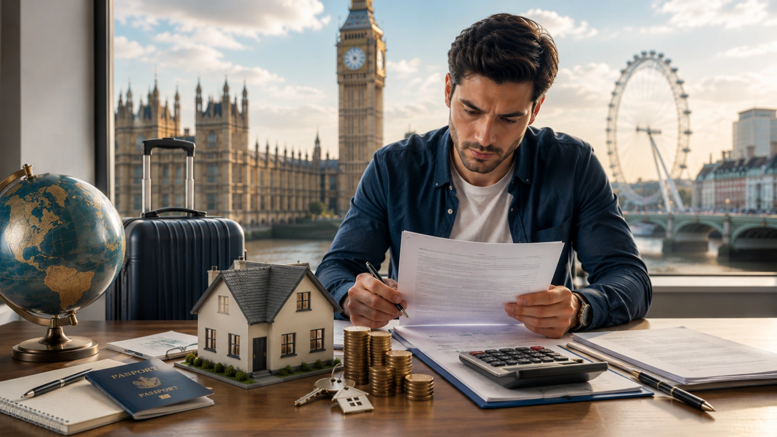 Man reviewing documents beside model house, Big Ben and London Eye visible through window