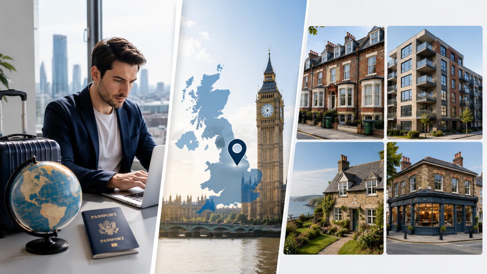 Man with laptop, passport, UK map, Big Ben, and four different property buildings.