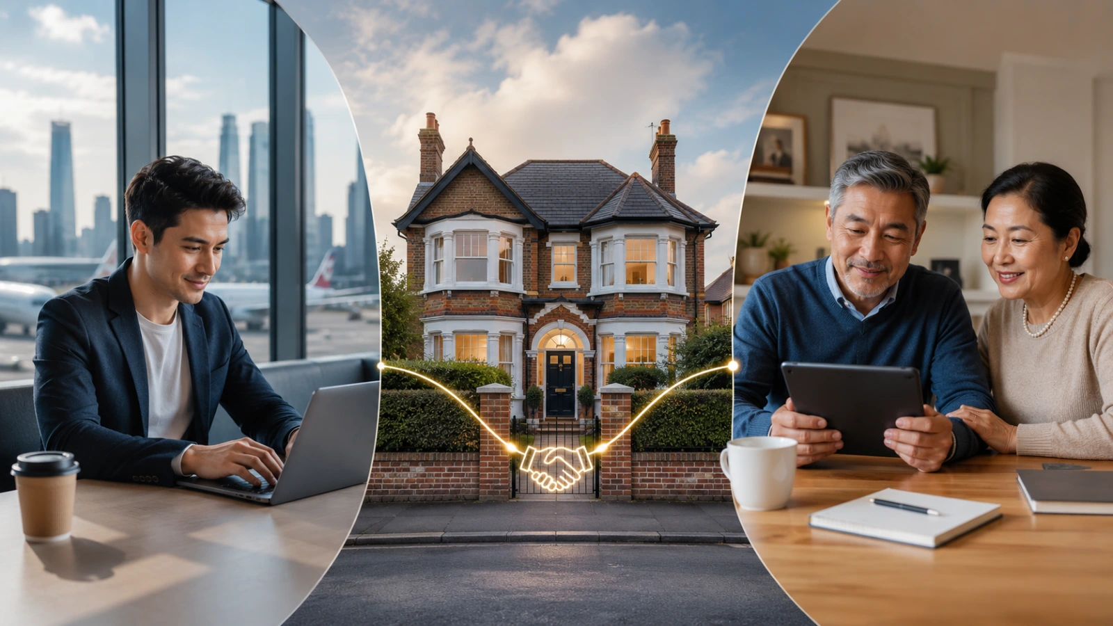 Split-screen showing traveler, detached brick house, and smiling couple using a digital tablet
