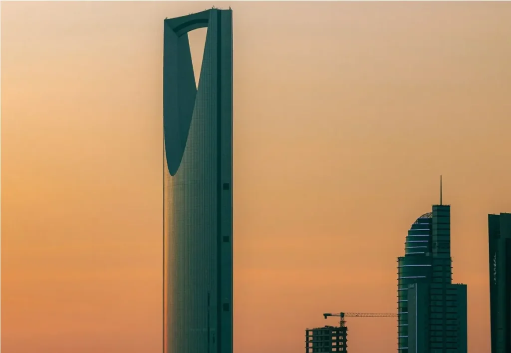 Modern city skyscrapers at dusk
