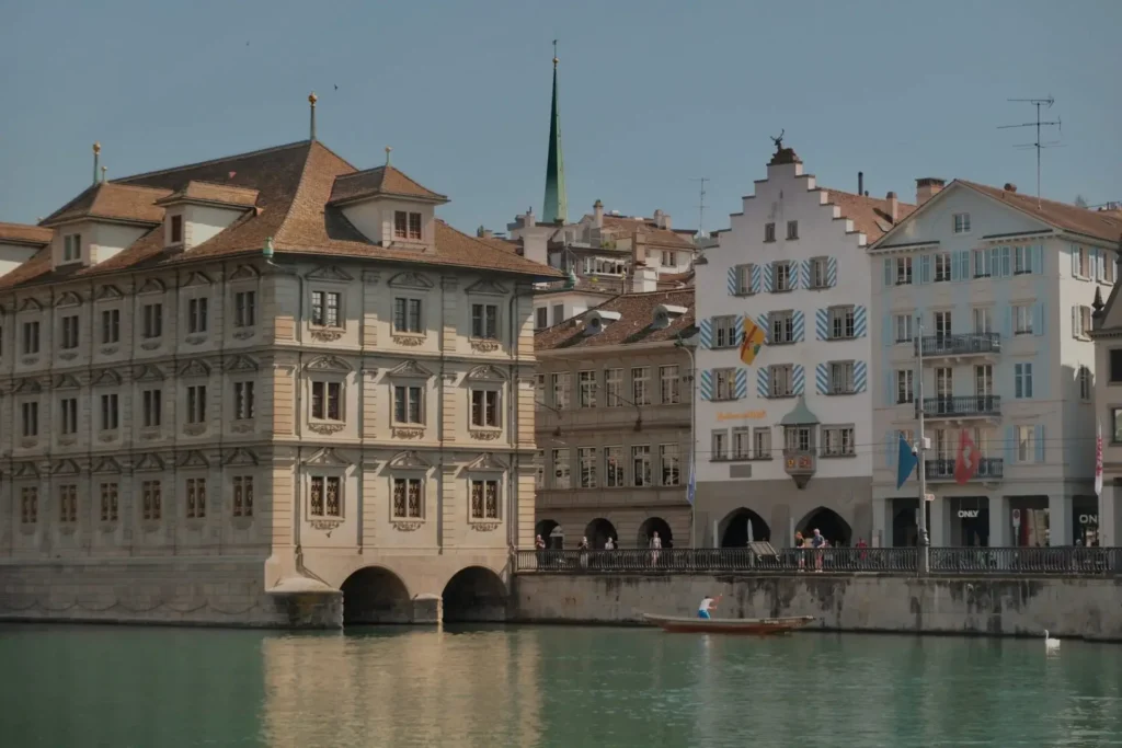 Old town buildings along a river