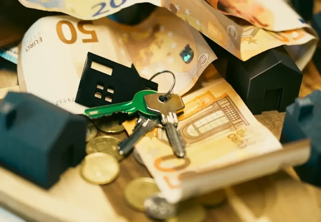 House keys with a miniature house model on a desk