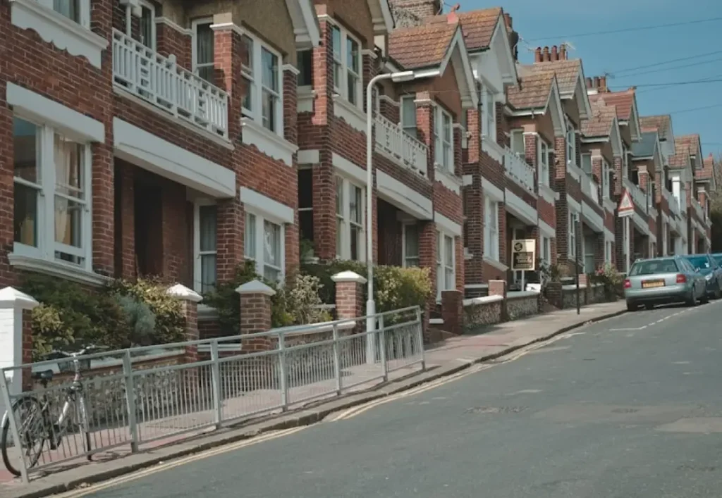 London townhouse street under a blue sky