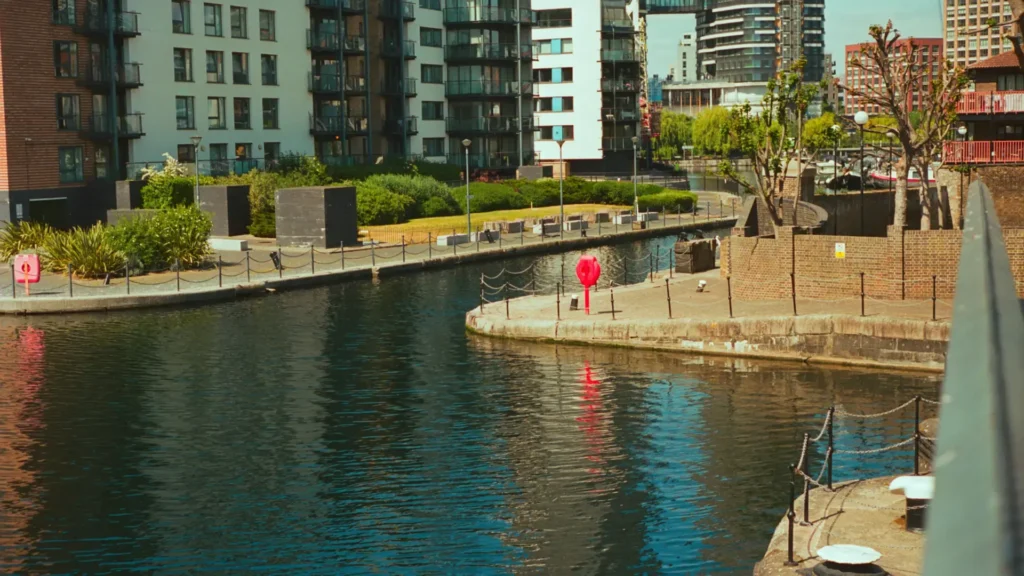 Modern waterside apartment buildings by a canal