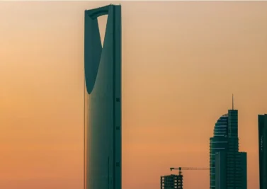 Modern city skyscrapers at dusk