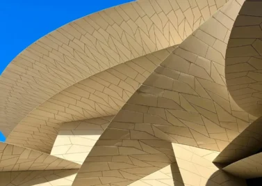 Curved sand-coloured desert-rose architecture in Doha, Qatar