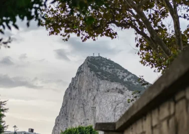 The Rock of Gibraltar rising behind a stone wall and framed by a tree