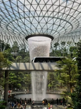 Indoor waterfall and greenery at Jewel Changi Airport, Singapore