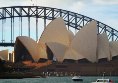 Sydney Opera House and Harbour Bridge seen across the water on a clear day